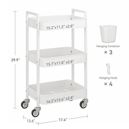 Nunsino 3 Tier Rolling Cart,Utility Cart with Locking Wheels, Hanging Cups,&Hooks, Heavy Duty Metal Storage Organizer Cart for Kitchen,Office, Bathroom,Craft Room,White - color: White