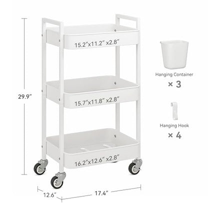 Nunsino 3 Tier Rolling Cart,Utility Cart with Locking Wheels, Hanging Cups,&Hooks, Heavy Duty Metal Storage Organizer Cart for Kitchen,Office, Bathroom,Craft Room,White - color: White