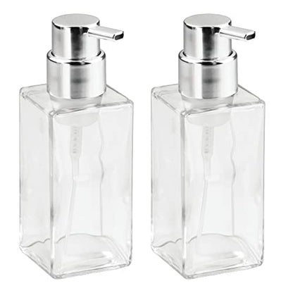 mDesign Glass Refillable Foaming Hand Soap Dispenser Modern Square Pump Bottle for Bathroom Vanities or Kitchen Sink, Countertops - 2 Pack - Clear/Chrome - color: Clear/Chrome