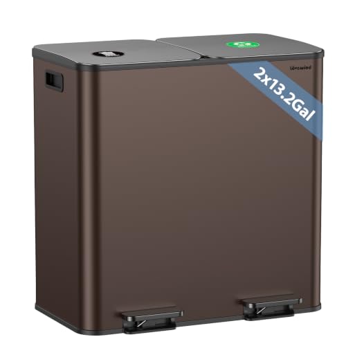 Dual Trash and Recycling Bins for Kitchen, 2*13.2 Gal Dual Trash Can, Brown - color: Brown, size: 2 * 13.2 Gallon
