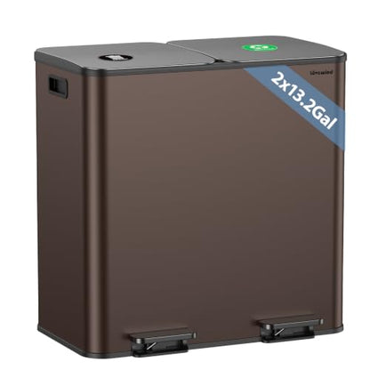 Dual Trash and Recycling Bins for Kitchen, 2*13.2 Gal Dual Trash Can, Brown - color: Brown, size: 2 * 13.2 Gallon