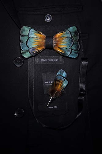 RBOCOTT Handmade Feather Pre-tied Bow tie and Brooch Sets for Men - color: Peacock Blue/Orange