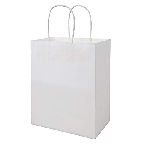 bagmad 50 Pack Sturdy Medium White Gift Paper Bags with Handles Bulk, Kraft Bags 8x4.75x10 Inch, Craft Grocery Shopping Retail Party Favors Wedding Business Sacks (White, 50pcs) - color: White