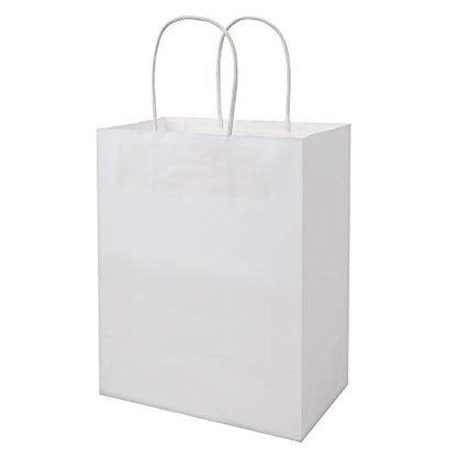 bagmad 50 Pack Sturdy Medium White Gift Paper Bags with Handles Bulk, Kraft Bags 8x4.75x10 Inch, Craft Grocery Shopping Retail Party Favors Wedding Business Sacks (White, 50pcs) - color: White
