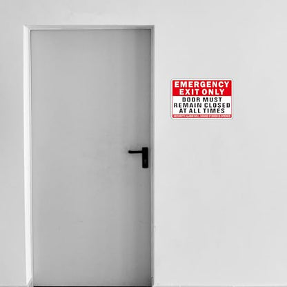 Emergency Exit Only Sign, (2 Pack) Self Adhesive Emergency Exit Sign Sticker for Door, Rust Free and Reflective Aluminum Metal Signs for Wall (9 x 6 inches, Red/White) - color: Red /White