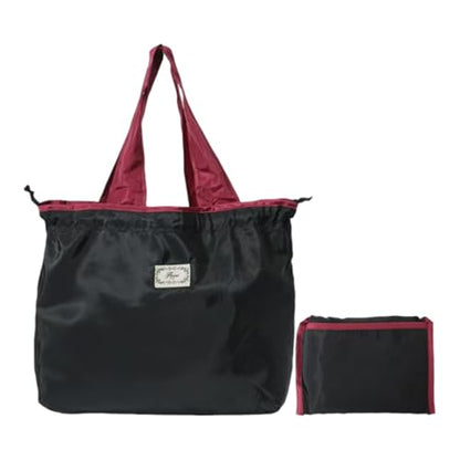 Reusable Drawstring Tote Bag for Shopping Travel and Grocery Lightweight Compact Eco Friendly and Foldable Design - color: Black Medium