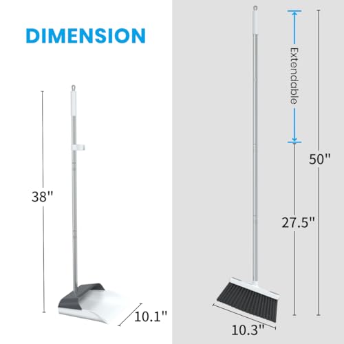 Stand Up Dustpan and Broom Set 50” Long Handle Broom with Dust Pan, 20° Angled for Ergonomic Home Office Indoor Sweeping - color: Gray
