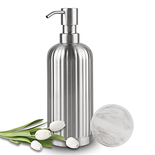 AUMIO Stripe Design Dish Soap Dispenser with Stickers, Non-Slip Coaster - color: Silver Stripes