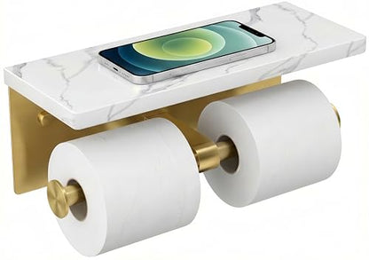 FORIOUS Double Marble Toilet Paper Holder with Phone Shelf, Commercial - color: Brushed Gold, size: Double Roll