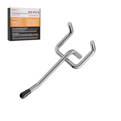 INCLY 50 Pack Pegboard Hooks, 2 Inch Metal Peg Board Hooks Accessories - color: Silver, size: 2 Inch