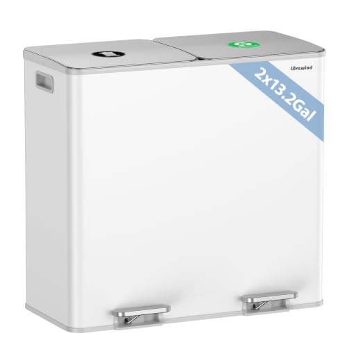 Dual Trash and Recycling Bins for Kitchen, 2*13.2 Gal Dual Trash Can, White - color: White, size: 2 * 13.2 Gallon