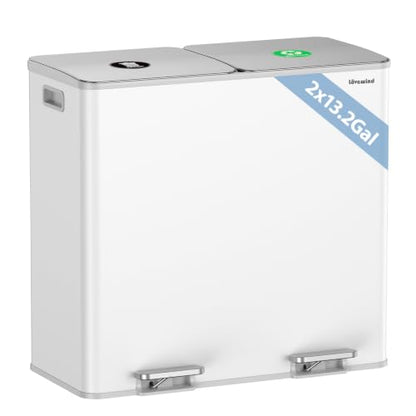 Dual Trash and Recycling Bins for Kitchen, 2*13.2 Gal Dual Trash Can, White - color: White, size: 2 * 13.2 Gallon
