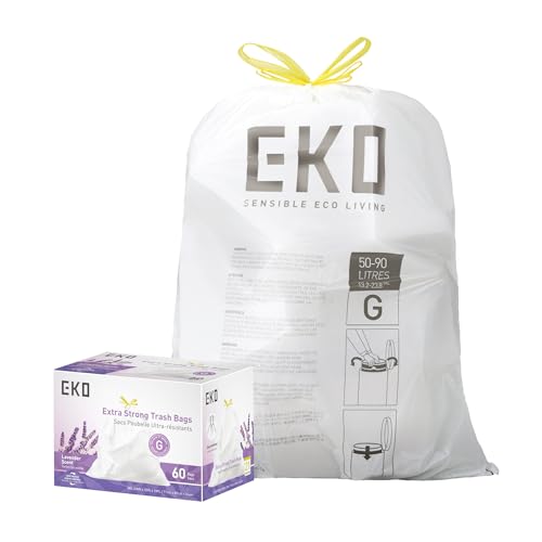 EKO 21 Gallon / 50-90 Liter, 60 Count Drawstring Trash Bags, Extra-Strong Garbage Bags, Lavender Scent with Continuous Odor Control, Easy-Dispense Roll for Kitchen and Household Use, Code G, White - size: 60 Count (Pack of 1), style: 21 Gallon Bags/Code G