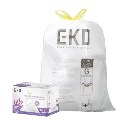 EKO 21 Gallon / 50-90 Liter, 60 Count Drawstring Trash Bags, Extra-Strong Garbage Bags, Lavender Scent with Continuous Odor Control, Easy-Dispense Roll for Kitchen and Household Use, Code G, White - size: 60 Count (Pack of 1), style: 21 Gallon Bags/Code G