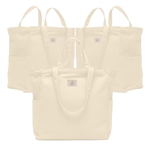 Nook Theory 3-Pack Reusable Grocery Bags - Heavy Duty, Large 12 Oz Cotton Canvas Reusable Shopping Bags With Pockets, 100% Cotton Cloth Grocery Totes, Foldable Multi Compartment (Cream) - color: Cream