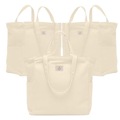 Nook Theory 3-Pack Reusable Grocery Bags - Heavy Duty, Large 12 Oz Cotton Canvas Reusable Shopping Bags With Pockets, 100% Cotton Cloth Grocery Totes, Foldable Multi Compartment (Cream) - color: Cream