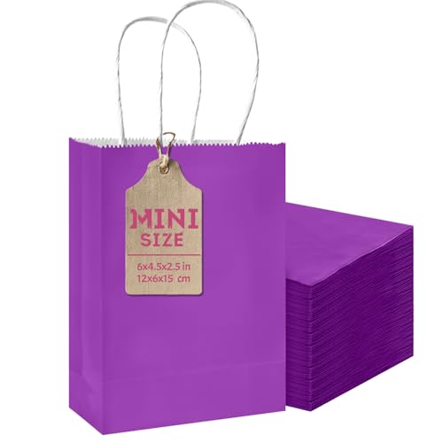 qiqee 24PCS Mini Gift Bag with Handles Bulk 4.5"x2.5"x6" Gift Bags Violet Bags Multiple Uses - color: Violet