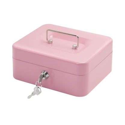 Steel Cash Box with Key Lock, Metal Small Money Organizer with Money Tray,Cash Storage Box with Lockable Cover (Pink - 7.8" x 6.3" x 3.3") - color: Pink - 7.8" x 6.3" x 3.3"