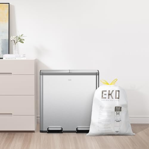 EKO 10.6 Gallon / 35–40 Liter Drawstring Trash Bags, 60 Count Heavy-Duty Tall Kitchen Garbage Can Liners, Extra-Strong Leak-Resistant, Unscented, White, Code M - size: 60 Count (Pack of 1), style: 10.6 Gallon Bags/Code M