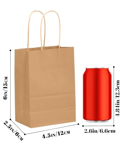 qiqee 100-Packs Mini Size Paper Gift Bags with Handles Bulk 4.5"×2.5"×6" Brown Gift Bags Multiple Uses - size: Mini - 100 Packs