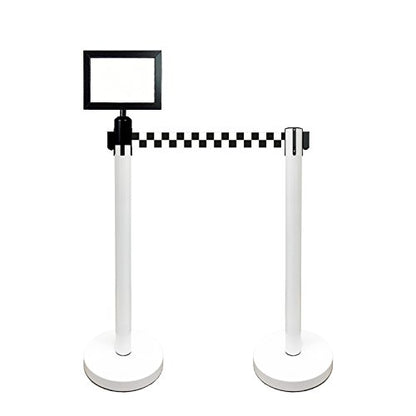 Retractable Stanchion, 6 SPECIALTY Posts + Signframe, 36" Ht, 78" Special Event & Holiday Theme Belt + Bonus Replacement Cassettes + Wall Receiver (WHT Post/Checker Belt) - color: Wht Post/Checker Belt