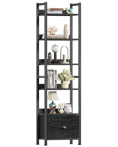 Furologee 6 Tier Bookshelf with Drawer, Tall Narrow Bookcase, Black Oak - color: Black Oak, size: 6 Tier