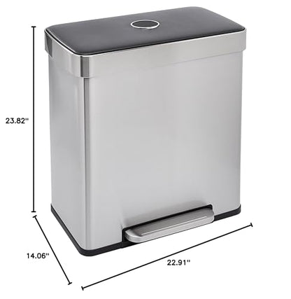 Amazon Basics Dual Compartment Recycling Trash Can with Soft-Close Lid, Fingerprint Resistant, Removable Liner Buckets, 60 Liters, Rectangular, Grey, Silver