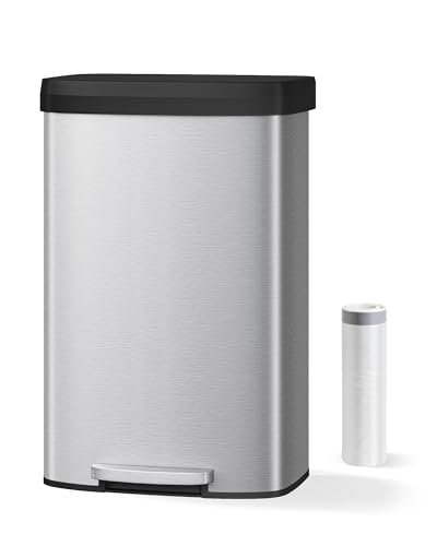 Garvee 21 gal / 80 L Stainless Steel Trash Can with Lid, Large Garbage Can for Kitchen, Rustproof Step-on Kitchen Metal Trash Bin with Liner Rim, Rear Handle, Soft Close Plastic Lid, Silver - color: Silver, size: 21.1 Gallons