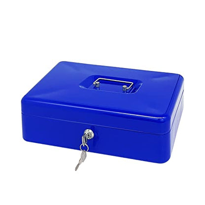 Steel Cash Box with Key Lock, Metal Small Money Organizer with Money Tray,Cash Storage Box with Lockable Cover (Blue - 12 inch) - color: Blue - 11.8" x 9.4" x 3.5"