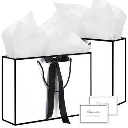 woric 2 Pcs White Gift Bags, 14" Medium Wedding Gift Bag with Tissue Paper - color: White with Black Edge