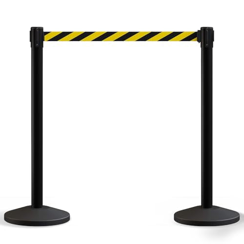 Crowd Control Warehouse 2-Pack Retractable Belt Stanchions, Black/Yellow - color: Black/Yellow Belt with Black Post