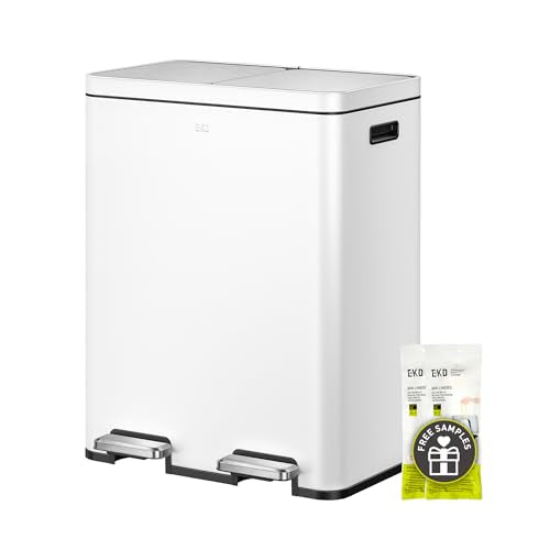 EKO Edison 8+8 Gallon Dual Trash Can for Recycling and Trash, Stainless Steel Kitchen Step Can with Dual Removable Inner Bucket, Independent Lids and Pedals, White - color: Matte White, size: 30L+30L