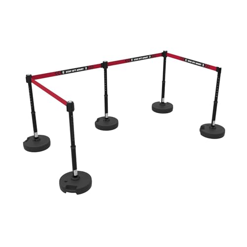 Banner Stakes PL4574 Plus X5 Retractable Belt Barrier Set - color: Red/Black: Stay 6ft Apart, size: 60'