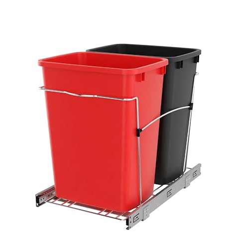 Rev-A-Shelf RV-18KD-1618C-S Double Pullout Trash Can for Kitchen Cabinets 35 Qt Garbage Recycling Bin on Full Extension Slides, Red/Black - color: Red & Black