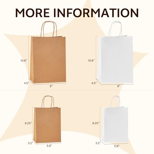 YEEHAW 100 pcs Brown Paper Gift Bags with Handles, 8"x4.5"x10.8", Medium - color: Brown 8x4.5x10.8, size: 1 Count (Pack of 100)