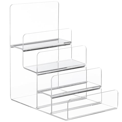 Cabilock Acrylic Storage Rack Trapezoid Multi-Layer Display Stand for Wallets Glasses and Jewelry Transparent Desktop Shelf Organizer for Home Retail Counter and Collection Display - size: 4 Tier Clear