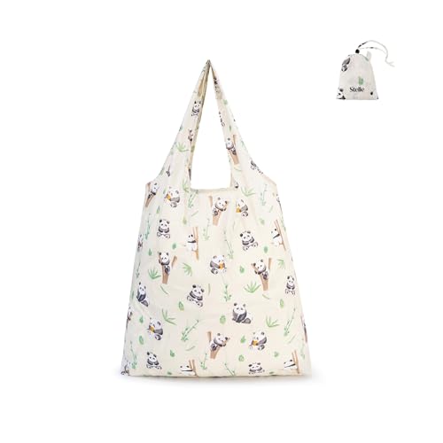 Stelle Lightweight Reusable Grocery Bag with Handles Ripstop Nylon Foldable Tote Shopping Bags for Travel and Groceries - color: Panda Friends