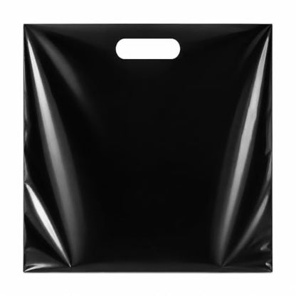 Purple Q Crafts 50 Pack Black Plastic Merchandise Bags with Die Cut Handles, 18" x 18" Retail Bags
