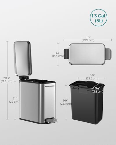 SONGMICS Bathroom Trash Can, 1.3 Gallon Stainless Steel Trash Bin with Lid - color: Silver, style: 1.3 Gal.