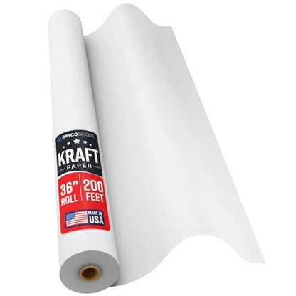 Bryco Goods 36" x 2400" (200') White Kraft Paper Roll - Made in USA - Craft Paper for Bulletin Board Art Table Covering Drawing Gift Wrapping Bouquet Packing Parcel 80GSM - color: White, size: 36" x 200'