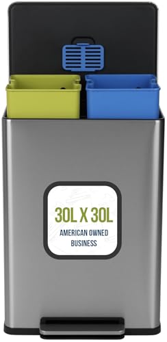 Simpli-Magic 16 Gallon (60L) Step Trash Can – Dual Compartment Kitchen Garbage Can – Waste & Recycling Bins, Slow-Close Lid, Odor Control, Hands-Free, Easy to Clean, Infinity Edge Stainless Steel - size: 60 L