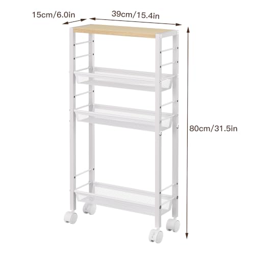 Slim Rolling Cart, 4-Tier Narrow Kitchen Storage Cart, Slim Utility Cart on Wheel, Skinny Bathroom Storage cart with Wood Tabletop, 6.0" Deep, for Kitchen, Living Room, Laundry Room, White - color: White