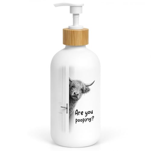 Highland Cow Bathroom Soap Dispenser, are You Pooping Glass Hand Soap Dispenser with Pump, Funny Cow Refillable Handsoap Liquid Bottle for Bathroom Washroom Restroom Countertop - color: Pooping Cow