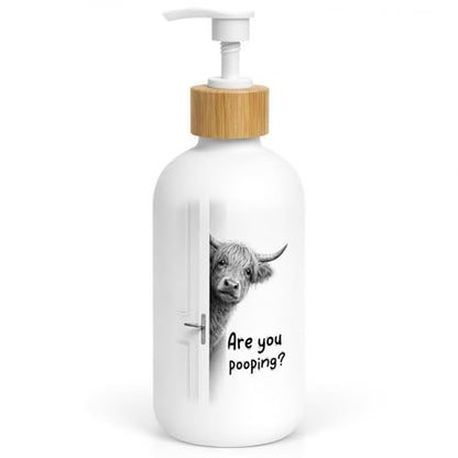 Highland Cow Bathroom Soap Dispenser, are You Pooping Glass Hand Soap Dispenser with Pump, Funny Cow Refillable Handsoap Liquid Bottle for Bathroom Washroom Restroom Countertop - color: Pooping Cow