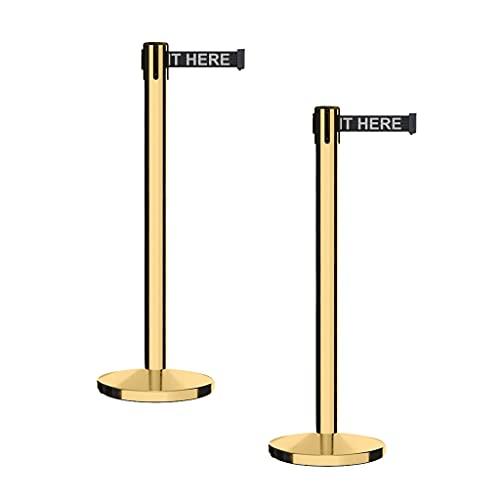 CCW 2-Pack Retractable Belt Barrier Stanchions, Polished Brass Posts - color: Black "PLEASE WAIT HERE" White Letters, size: 7.5 Foot