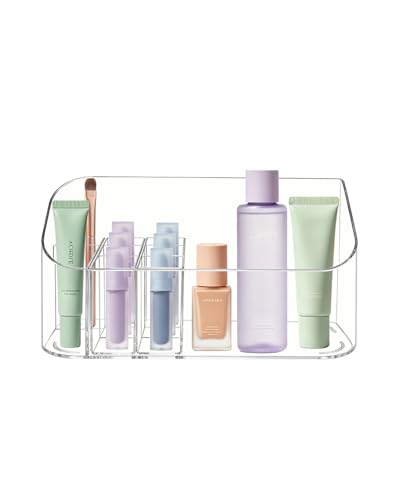 Makeup Tray Holder Organizer Cosmetic Display Case Tabletop Desktop Vanity Countertop Bathroom Wall Cabinet Medicine Storage Box 9 Dividers 2 Removable Women Ladies Girls Gifts Crystal Clear 1 PACK - color: Crystal Clear