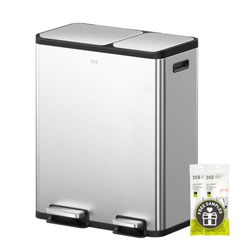 EKO EcoCasa Stainless Steel Dual Step Trash Can for Recycling, 30L+20L Rectangular Kitchen Trash Can, Independent Pedals and Lids, Soft Close and Fingerprint Resistant - color: Stainless Steel, size: 30L+20L