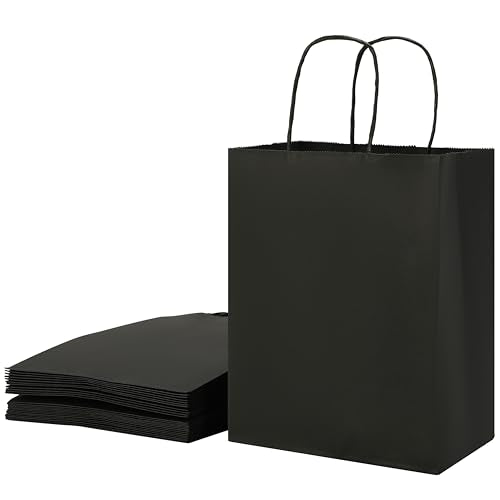 SUNCOLOR 25-Pack Black Gift Bags with Handles, 8x4.5x10 Inch Medium Kraft Paper Bags for Party Favors, Retail, Halloween, Weddings - color: Black