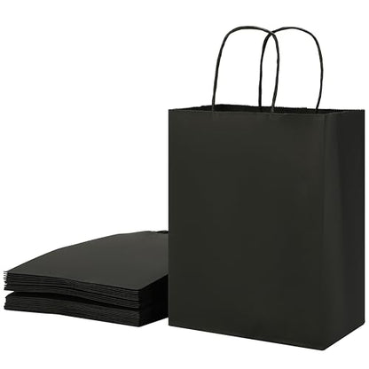 SUNCOLOR 25-Pack Black Gift Bags with Handles, 8x4.5x10 Inch Medium Kraft Paper Bags for Party Favors, Retail, Halloween, Weddings - color: Black