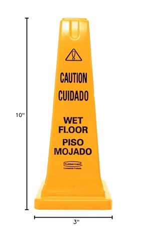 Rubbermaid Commercial Products Heavy-Duty Multilingual Caution/Warning Wet Floor Safety Cone for Restaurant/Grocery Store/Office/Facility/High-Traffic Area, Tall/Durable, 25", Yellow